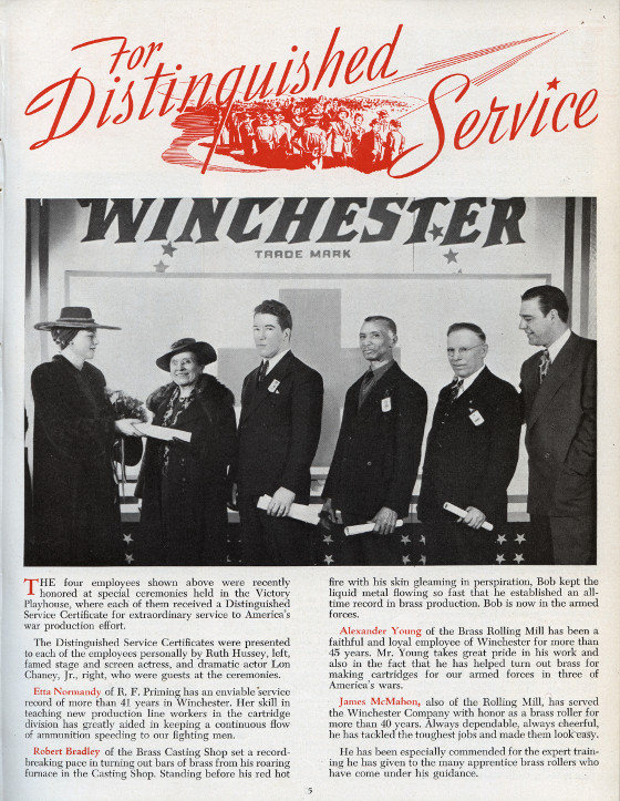 Actors Ruth Hussey and Lon Chaney present awards to four employees honored for Distinguished Service