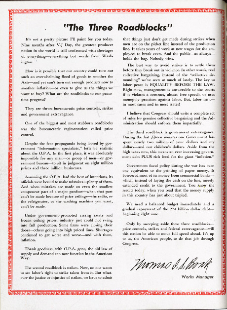 Editorial citing “The Three Roadblocks” to “our peace time progress: price controls, strikes and government extravagance.” 