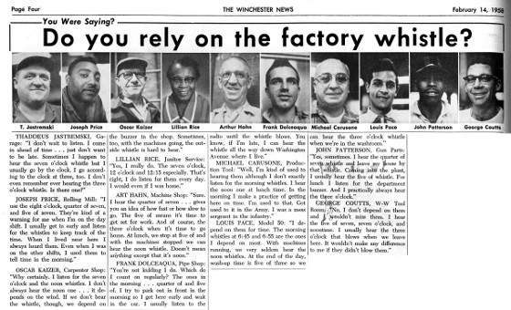 Employee responses to Winchester Life question, “Do you rely on the factory whistle?”