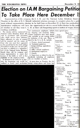 Article: The Winchester News, December 9, 1955 (Headline: Election on IAM Bargaining Petition to Take Place Here December 15) 