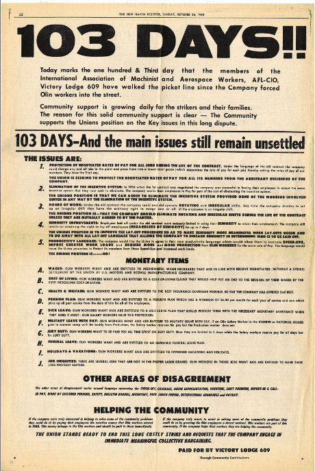 Full page ad in New Haven REGISTER taken out by union